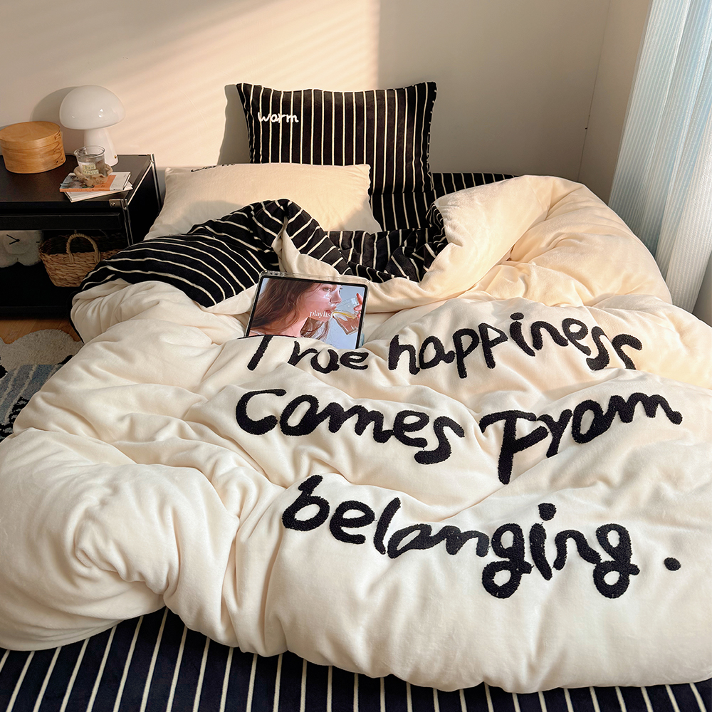 北欧风字母牛奶绒四件套简约双面绒加厚珊瑚绒被套床单床上用品