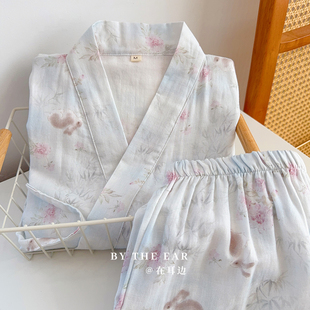 云和川|日式双层纱棉纱布睡衣女款夏秋季全棉系带和服长袖长裤