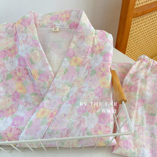 山茶漫漫｜日式 和服系带浴衣双层纱纯棉纱布睡袍女秋夏睡衣套装