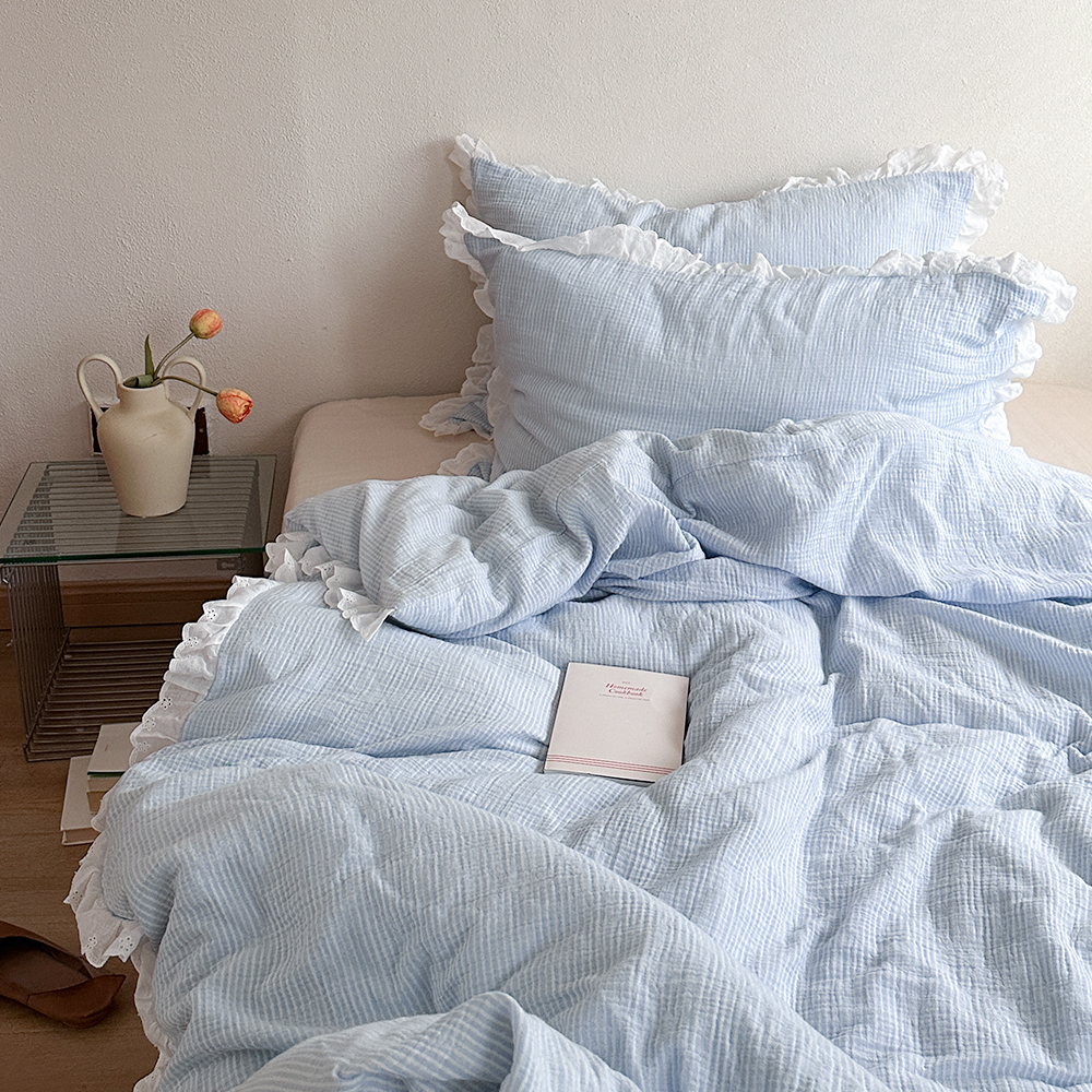蓝白情书全棉色织皱皱纱四件套