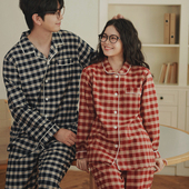 磨毛简约格子秋冬睡衣纯棉绒布情侣家居服全棉长袖 宽松日系可外穿