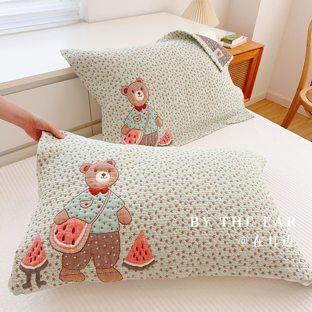 西瓜小熊纯棉加厚纱布枕巾