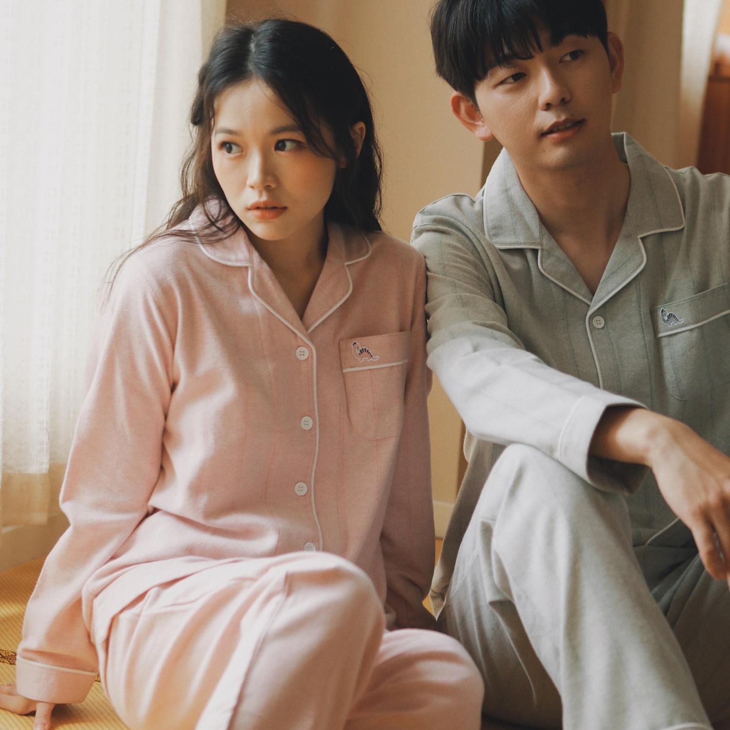 日式条纹磨毛全棉绒布睡衣女秋冬情侣款长袖套装纯棉家居服可外穿