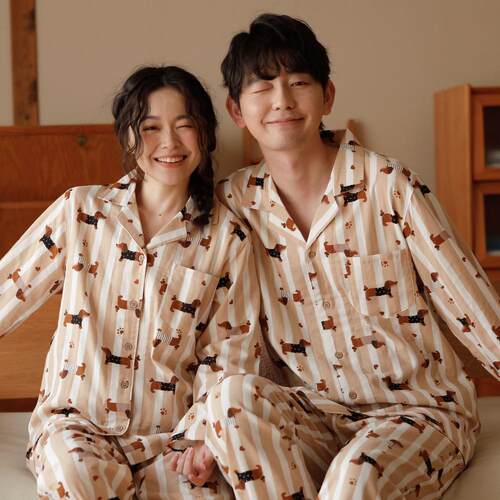 卡通可爱情侣款全棉双层纱家居服