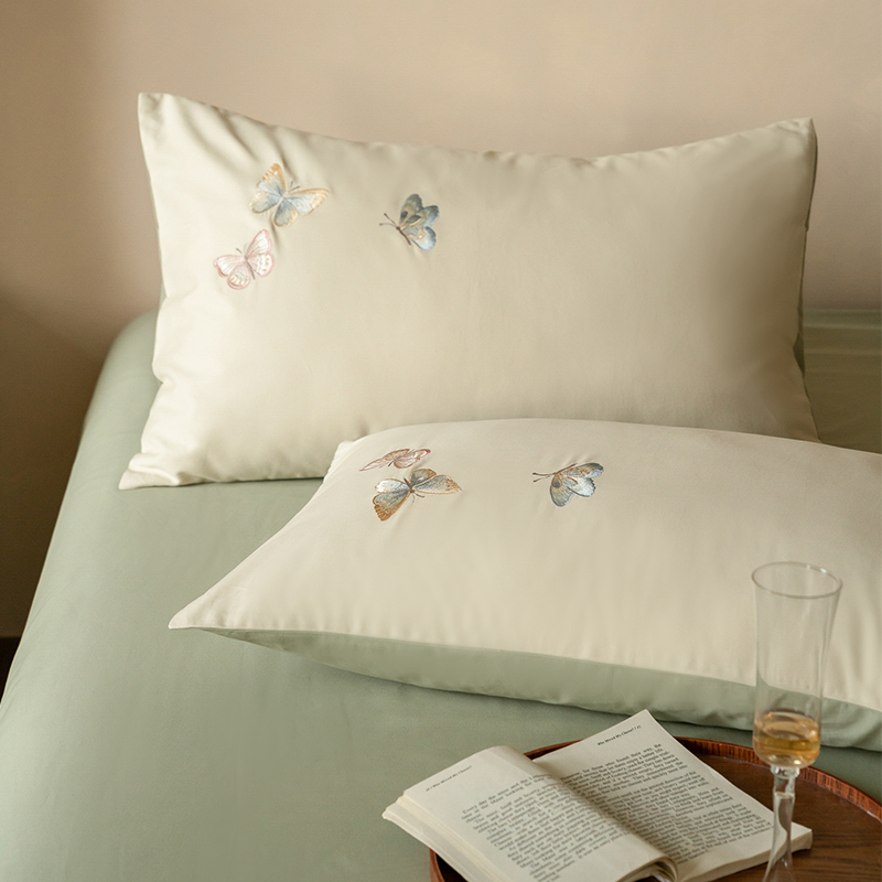 纯棉蝴蝶刺绣枕套50s双股磨毛