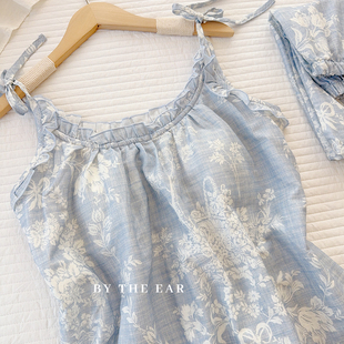 上衣家居服 在耳边韩系小清新纯棉双层纱吊带睡衣女宽松显瘦无袖