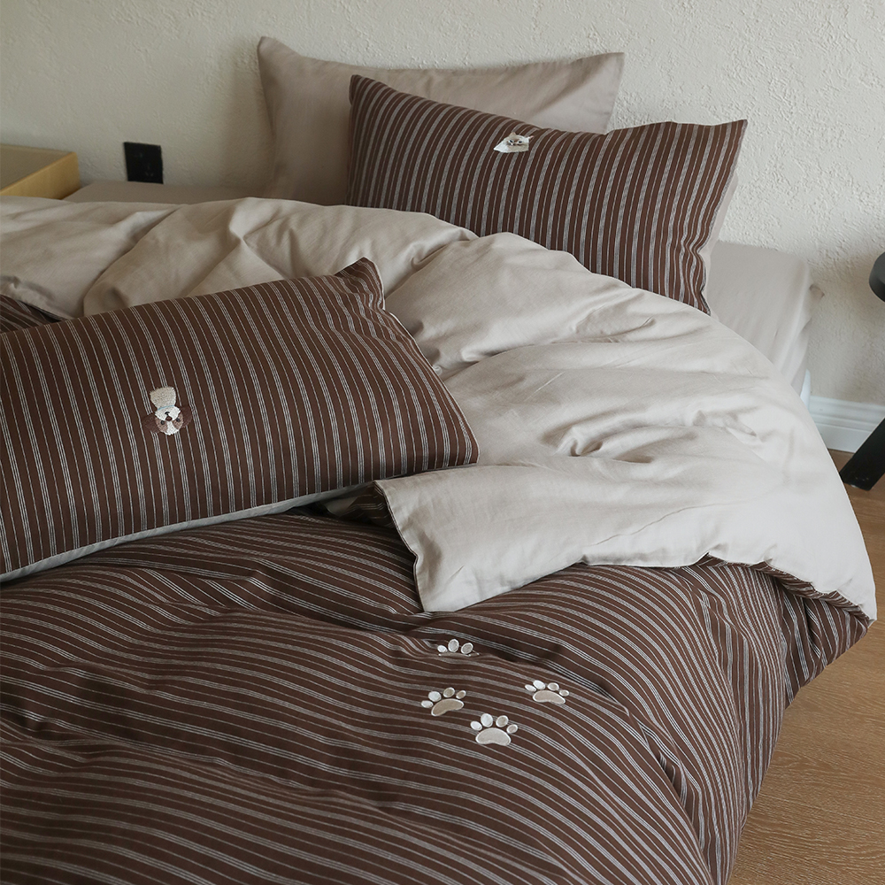 复古条纹色织刺绣双层纱四件套