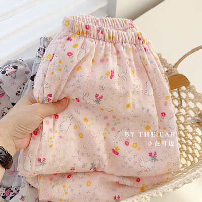 日系可爱卡通全棉双层纱睡裤女夏季薄款宽松家居裤长裤短裤可外穿