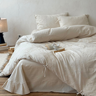 法式轻奢棉麻刺绣长绒棉床单被套四件套高级感1.8m床单床上用品