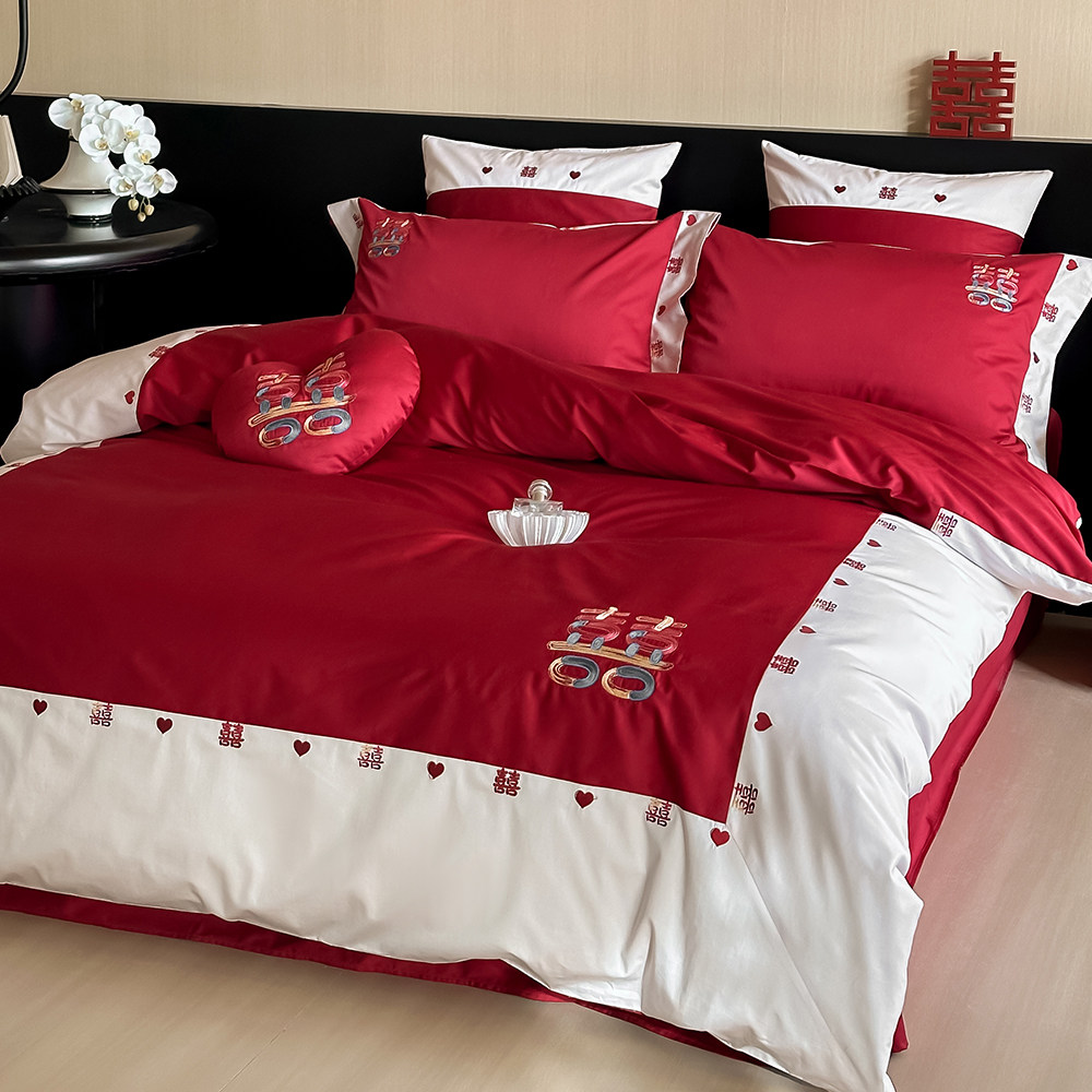 贡缎红色刺绣新中式100支长绒棉全棉婚庆四件套床单床笠被套床品,床上用品,床品套件/四件套/多件套,淘宝优惠券,粉丝福利购,淘宝优惠卷