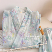 全棉系带和服长袖 日系和风双层纱纯棉睡衣纱布女款 秋夏女款 家居服