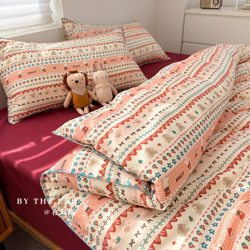 喜喜兔彩边双层纱全棉四件套