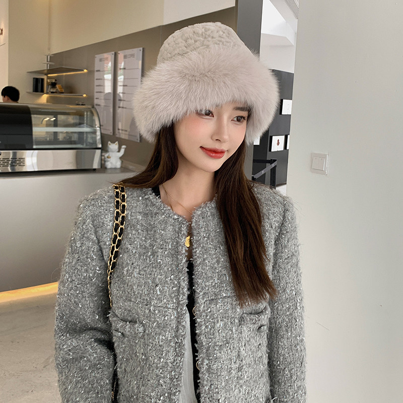 冬季加厚保暖皮草帽子 獭兔毛配狐狸毛渔夫帽适合圆脸真毛女帽