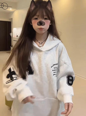 美式慵懒高街字母刺绣连帽卫衣女春秋设计感宽松情侣小众别致外套