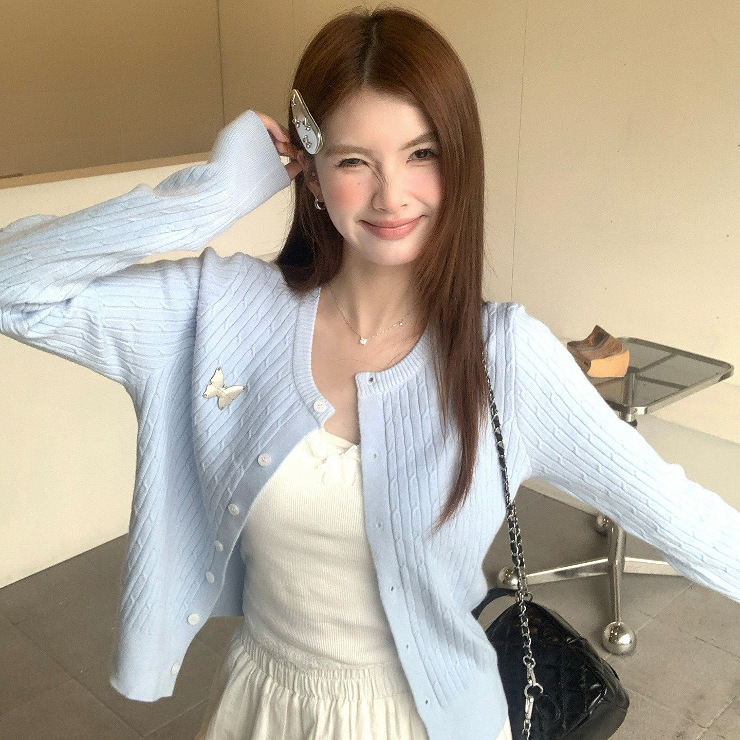 温柔甜美蓝色开衫外套女2026新款韩系早秋穿搭毛衣蝴蝶结针织上衣