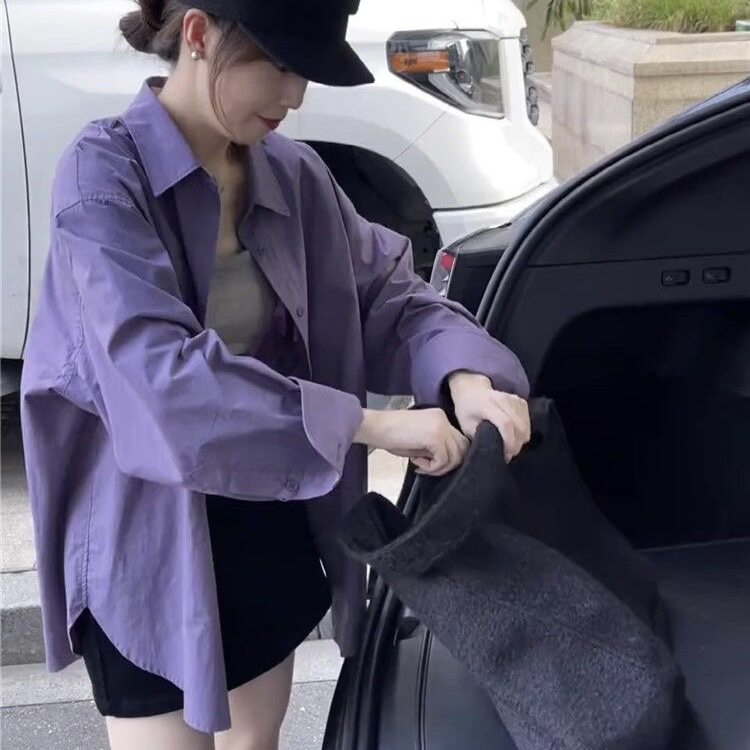 紫色长袖衬衫外套女春秋新款衬衣韩系高级感宽松休闲上衣百搭衬衣