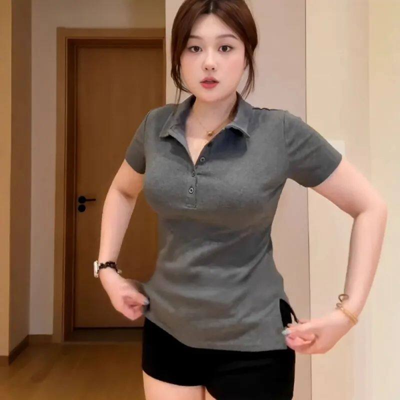大码POLO领正肩短袖t恤女夏季2026新款胖mm修身显瘦遮肉开叉上衣