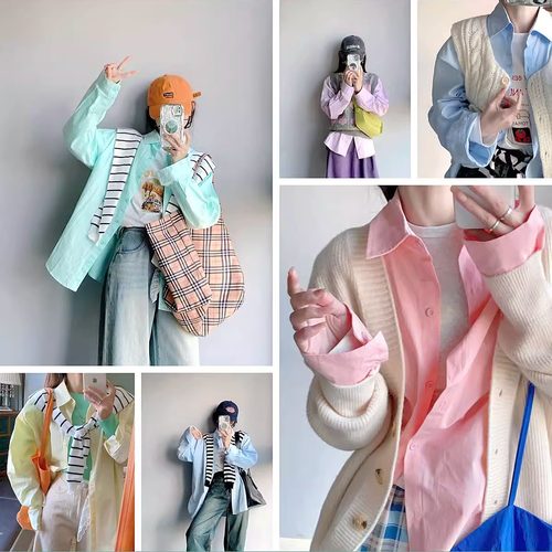 iuui·le 多色长袖衬衫2025新款纯色复古百搭宽松叠穿小个子衬衣