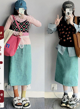 iuui·le 2025新款复古绿灯芯绒半身裙女春秋复古休闲街头纯色