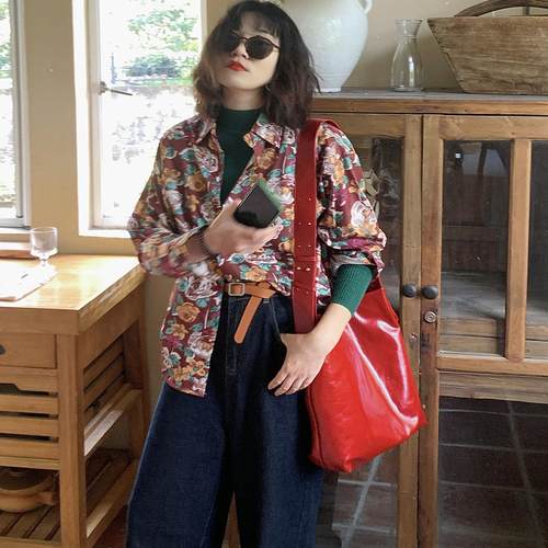 iuui·le 复古红绿衬衣女秋季高级感小个子外穿时尚洋气2024新款