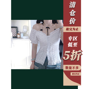 女设计感小众一字肩娃娃衫 衬衫 白色短袖 休闲复古 清仓5折