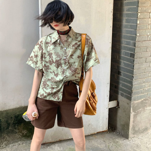 iuui·le 浅绿咖短袖衬衫女2025新款复古港风碎花高级感休闲衬衣