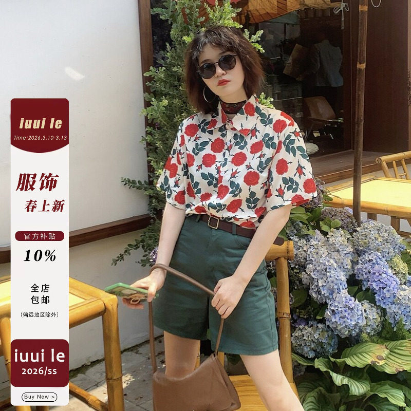 iuui&middot;le 白底红花短袖衬衫女夏薄款2025新款复古休闲衬衣宽松