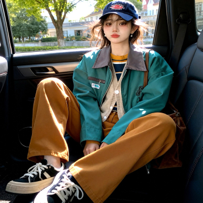 iuui·le 蓝绿拼色夹克外套女2025新款冬高级感宽松休闲复古叠穿