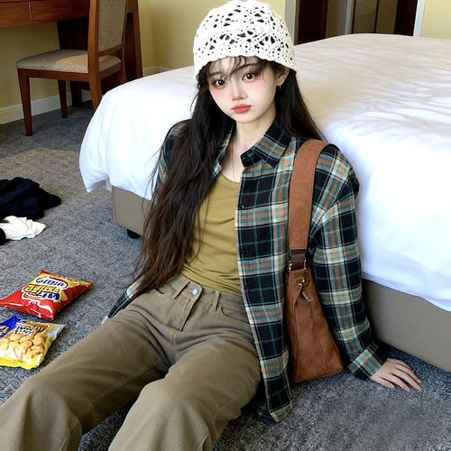 iuui·le 复古宽松休闲蓝橘格子衬衫女复古叠穿百搭2025新款衬衣