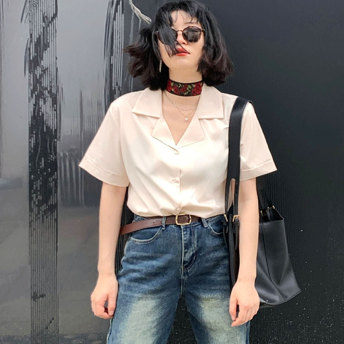 iuui·le 杏色西装领短袖衬衫2025新款复古休闲宽松衬衣高级感