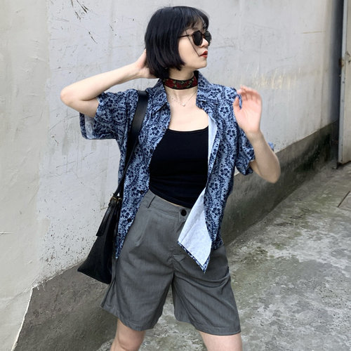 iuui·le 港风蓝黑树叶衬衫女2025新款薄款复古百搭休闲短袖衬衣