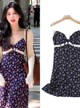 FBB WORKS 油画玫瑰 蕾丝拼接V领吊带裙女夏显瘦气质碎花连衣裙