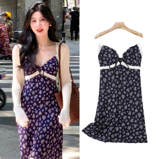 蕾丝拼接V领吊带裙女夏显瘦气质碎花连衣裙 油画玫瑰 FBB WORKS