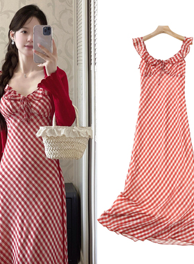 FBB WORKS 如花在野 法式红色格子连衣裙女夏显瘦度假收腰长裙