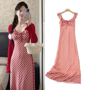 法式 如花在野 红色格子连衣裙女夏显瘦度假收腰长裙 WORKS FBB