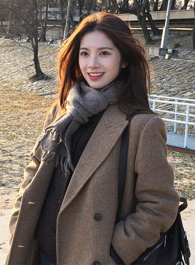 FBB WORKS 小个子羊毛灰色正肩毛呢外套女秋冬长款高级感呢子大衣