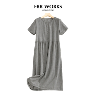 夏宽松中长款 小格子棉麻料连衣裙女短袖 过膝亚麻裙子 WORKS FBB