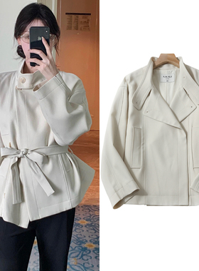 FBB WORKS 柏林傍晚 白色立领短款风衣女春秋宽松英伦风廓形外套