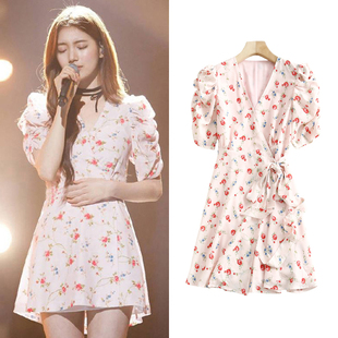 WORKS V领雪纺气质法式 明星同款 新款 印花裙 碎花连衣裙女夏季 FBB