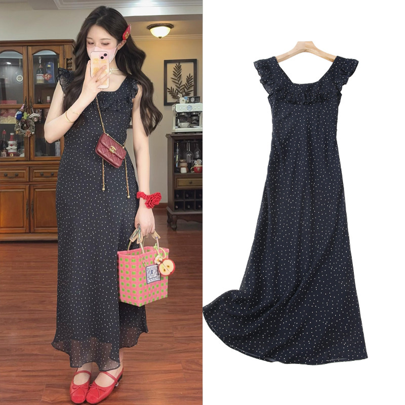 FBB WORKS 夏季新款荷叶边短袖连衣裙女性感露背波点中长裙