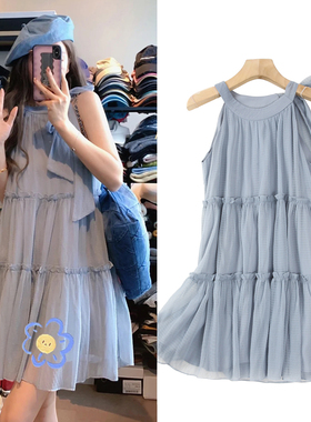 FBB WORKS 少女的心事 气质乖乖法式无袖挖肩挂脖连衣裙A字公主裙