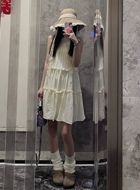 FBB WORKS 少女的心事 气质乖乖法式无袖挖肩挂脖连衣裙A字公主裙