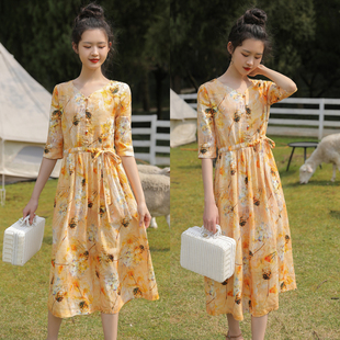 旅行文艺棉麻印花X型大摆连衣裙七分袖 夏季 袍子女 WORKS FBB