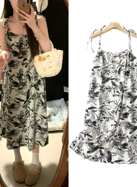 FBB WORKS 水墨印花吊带裙夏季女复古碎花褶皱肌理感连衣裙中长款
