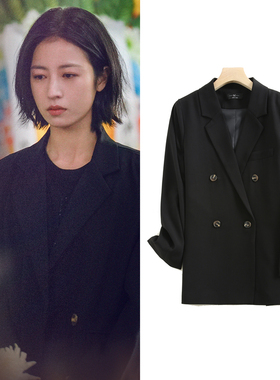 FBB WORKS 明星同款黑色薄款小西装外套扣子宽松西服女潮