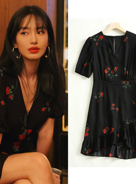 FBB WORKS 连衣裙女夏季黑色V领修身气质法式复古泡泡袖裙子