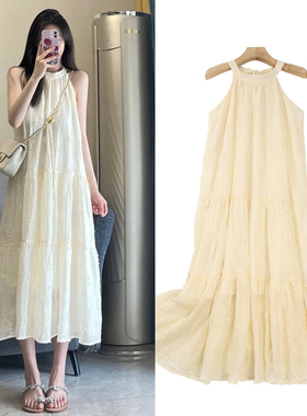 FBB WORKS 《山茶花》花朵图案圆领吊带长裙设计感小众宽松连衣裙