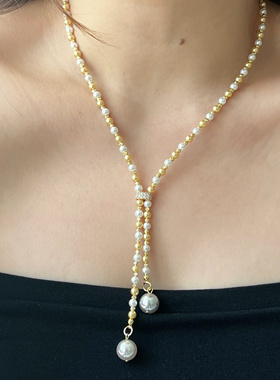 施家珍珠项链女流苏小众设计感百搭锁骨链女 Y字链 毛衣链极细