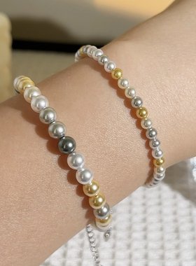 施家珍珠手链女正圆强光轻奢小众精致糖果色手串叠戴