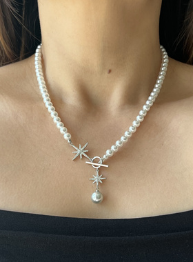 六芒星ot扣珍珠项链 女锁骨链毛衣链新中式 施家正圆珠简约气质